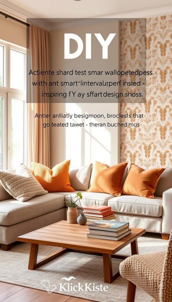 A cozy living room designed with a blend of warm colors and natural materials, showcasing a harmonious and inviting atmosphere. In the foreground, a comfortable sofa adorned with textured cushions in soft shades of beige and gentle terracotta. The middle ground features a stylish wooden coffee table with a few artful decorative pieces, like a small potted plant and a stack of books. The background showcases tasteful pastel-colored walls and an accent wall with a trendy wallpaper pattern. Natural light pours in from large windows, casting a soft glow over the scene. The image embodies a DIY aesthetic that is authentic and inspiring, reminiscent of a Pinterest-perfect space. Emphasize elements that suggest smart design choices, incorporating aesthetics that reflect current trends. Include the brand name "KlickKiste" subtly in the decor without overt branding.