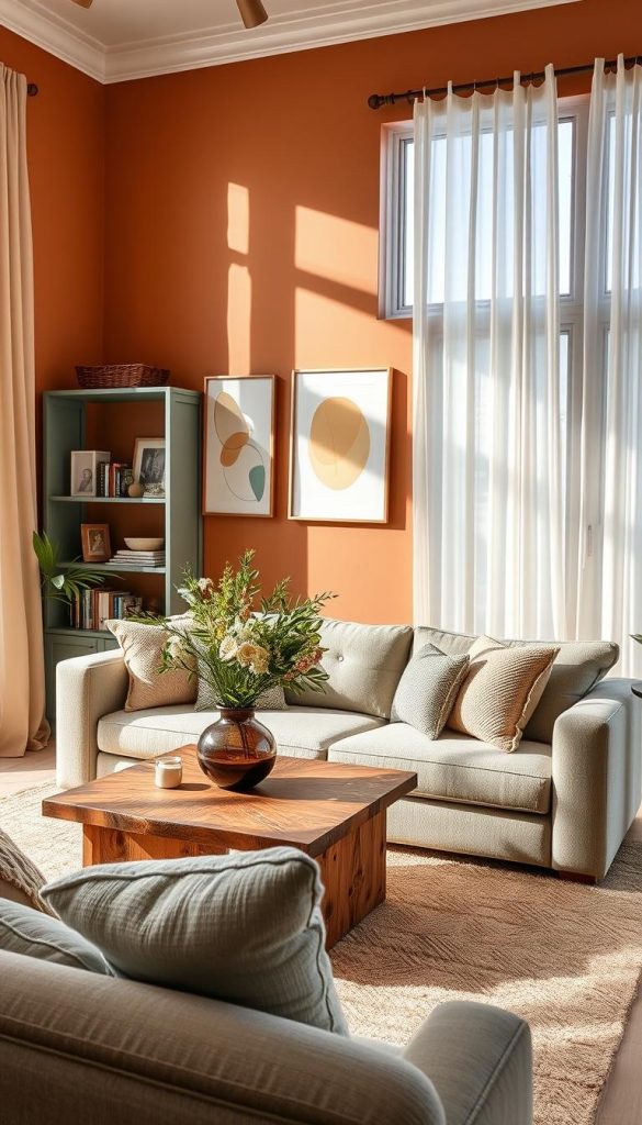 A cozy living room designed with a harmonious blend of warm and cool colors, showcasing shades of soft terracotta, muted sage green, and gentle sky blue. In the foreground, a plush, inviting sofa adorned with textured cushions invites relaxation. A rustic wooden coffee table holds a carefully arranged vase of fresh flowers, creating a focal point. In the middle ground, stylish wall art featuring abstract designs adds visual interest, while an elegant bookshelf displays curated decor pieces. The background features large windows, draped with sheer curtains, allowing natural light to flood the space, enhancing the warm ambiance. Soft shadows play across the room, creating a tranquil atmosphere. Capture the essence of DIY inspiration with a Pinterest aesthetic, highlighting the brand "KlickKiste". Aim for a warm, inviting mood with a balance that reflects comfort and clarity. Shot in natural light, lens focus on the rich textures and colors to evoke a sense of homeliness.