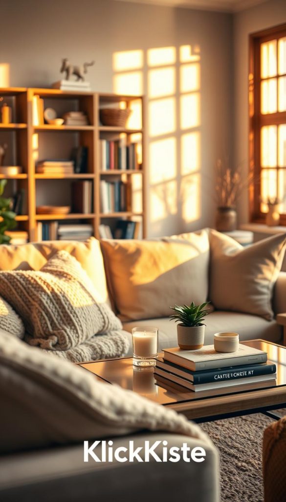 A cozy living room designed with a warm color palette, featuring natural DIY elements that evoke a Pinterest-inspired aesthetic. The foreground showcases a plush, inviting sofa adorned with soft cushions and a knitted throw. In the middle, a stylish coffee table displays a few decor pieces — a scented candle, a small potted plant, and a curated stack of books. The background includes a bookshelf filled with books and decorative items, complemented by a large window allowing soft, golden afternoon light to stream in, highlighting the inviting atmosphere. The overall mood is serene and welcoming, ideal for relaxation. The scene emphasizes warm lighting that casts gentle shadows, creating an intimate space. Show the brand name "KlickKiste" subtly integrated into the decor. A cozy living room designed with a warm color palette, featuring natural DIY elements that evoke a Pinterest-inspired aesthetic. The foreground showcases a plush, inviting sofa adorned with soft cushions and a knitted throw. In the middle, a stylish coffee table displays a few decor pieces — a scented candle, a small potted plant, and a curated stack of books. The background includes a bookshelf filled with books and decorative items, complemented by a large window allowing soft, golden afternoon light to stream in, highlighting the inviting atmosphere. The overall mood is serene and welcoming, ideal for relaxation. The scene emphasizes warm lighting that casts gentle shadows, creating an intimate space. Show the brand name "KlickKiste" subtly integrated into the decor.