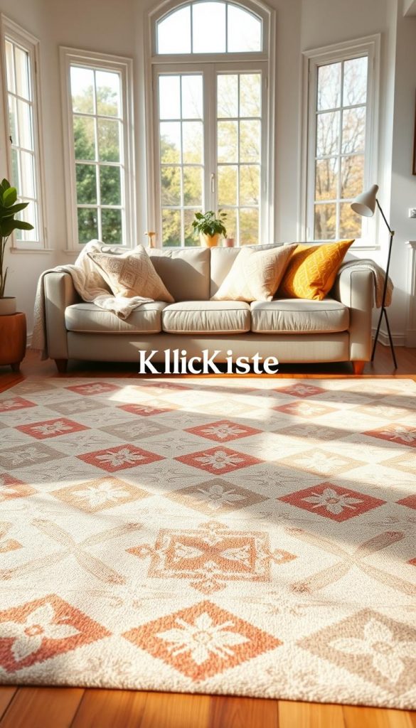 A cozy living room featuring a beautifully patterned teppich that flows gracefully across a warm wooden floor. The foreground showcases intricate geometric designs on the teppich in shades of earthy tones: beige, terracotta, and soft gray. In the middle ground, a plush sofa in a neutral color complements the teppich, adorned with colorful throw pillows that echo its patterns. On a side table, a delicate plant adds a touch of greenery. The background is softly lit through large windows, allowing natural light to fill the room, enhancing the atmosphere of warmth and comfort. Capture this scene with a slight angle to emphasize the lines of the teppich, creating an inviting, airy feel. The image should embody an authentic and inspiring Pinterest aesthetic, featuring the brand name "KlickKiste" subtly integrated into the design.