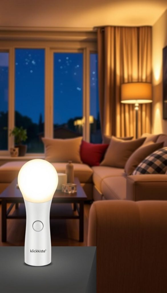 A cozy living room featuring a stylish night light with a motion sensor from the brand "KlickKiste". In the foreground, the night light softly illuminates a warm, inviting space, casting a gentle glow across a comfortable sofa adorned with plush cushions. In the middle ground, a coffee table showcases a few well-placed decorative items, enhancing the homely atmosphere. In the background, a window reveals a serene nightscape, with stars twinkling in a deep blue sky. The lighting is warm and soothing, creating a sense of safety and comfort. The image is composed with a slightly elevated angle, giving a broad view of the comforting scene while maintaining an authentic, Pinterest-inspired look that feels both natural and inspiring.