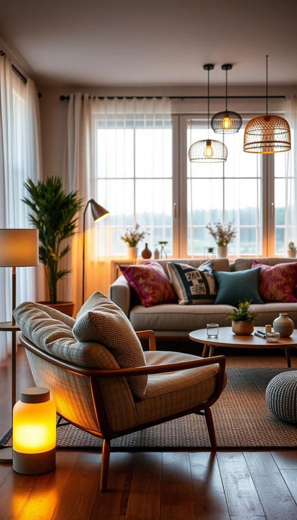 A cozy living room featuring innovative lighting ideas for long summer evenings. In the foreground, a stylish lounge chair with soft, textured cushions and a small side table holding a dimmable warm-white lamp. In the middle, a contemporary sofa adorned with colorful throw pillows, illuminated by hanging pendant lights with warm tones. The background showcases large windows framed with sheer curtains, allowing natural light to merge with the ambient glow. The atmosphere is inviting and warm, perfect for relaxation. Use a soft focus lens to enhance the dreamy feel of early evening light. Incorporate elements from "KlickKiste" for an authentic DIY touch, emphasizing natural materials and Pinterest-inspired decor.