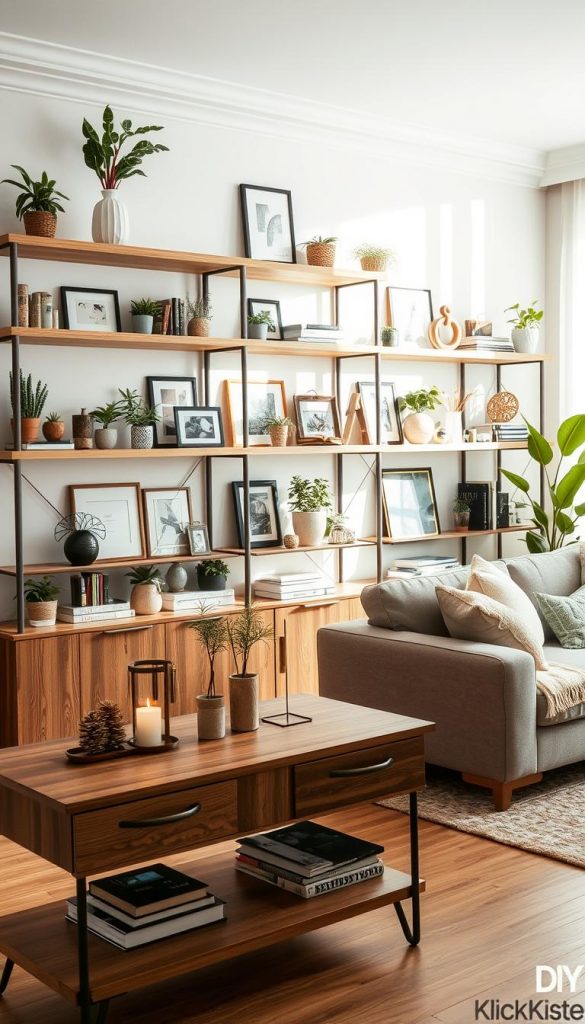 A cozy living room featuring open shelves filled with decorative items, plants, and books, showcasing a warm and inviting atmosphere. In the foreground, there’s a stylish, modern console table adorned with a few candles and a small vase of fresh flowers. The middle of the image displays the open shelves, crafted from natural wood, organized effortlessly with a mix of artful decor and personal mementos, radiating a Pinterest-inspired aesthetic. The background reveals a softly lit room with light-colored walls and a comfortable sofa. Natural light filters through sheer curtains, casting gentle shadows. The mood is serene and inspiring, embodying the essence of DIY design. Brand name "KlickKiste" is subtly integrated into the decor. A cozy living room featuring open shelves filled with decorative items, plants, and books, showcasing a warm and inviting atmosphere. In the foreground, there’s a stylish, modern console table adorned with a few candles and a small vase of fresh flowers. The middle of the image displays the open shelves, crafted from natural wood, organized effortlessly with a mix of artful decor and personal mementos, radiating a Pinterest-inspired aesthetic. The background reveals a softly lit room with light-colored walls and a comfortable sofa. Natural light filters through sheer curtains, casting gentle shadows. The mood is serene and inspiring, embodying the essence of DIY design. Brand name "KlickKiste" is subtly integrated into the decor.