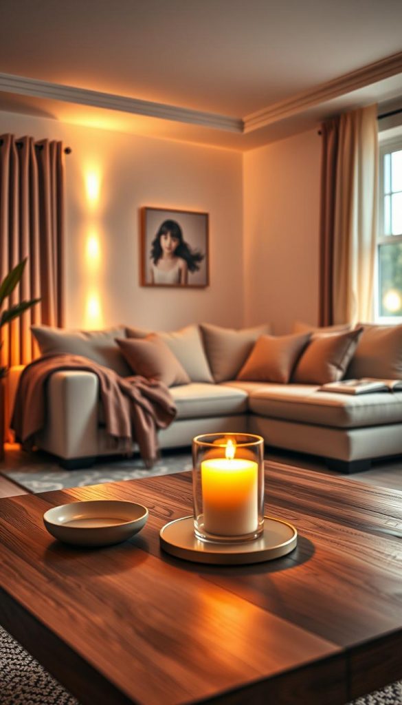 A cozy living room featuring smart lighting solutions by "KlickKiste". In the foreground, a stylish coffee table adorned with a lit candle and a warm throw blanket. The middle ground showcases a modern sectional sofa in soft, inviting colors, illuminated by bright yet warm smart LED lights that create various ambient scenes. On the walls, subtle smart light panels display gentle hues, enhancing the room's atmosphere. The background includes a window with soft curtains allowing natural light to filter in, harmonizing with the artificial light. The mood is relaxed and inspiring, emphasizing energy-efficient lighting with a natural DIY aesthetic, warm colors, and a Pinterest-worthy look. The perspective is slightly angled, providing depth and focusing on the interplay of light and space in the comfortable living area. A cozy living room featuring smart lighting solutions by "KlickKiste". In the foreground, a stylish coffee table adorned with a lit candle and a warm throw blanket. The middle ground showcases a modern sectional sofa in soft, inviting colors, illuminated by bright yet warm smart LED lights that create various ambient scenes. On the walls, subtle smart light panels display gentle hues, enhancing the room's atmosphere. The background includes a window with soft curtains allowing natural light to filter in, harmonizing with the artificial light. The mood is relaxed and inspiring, emphasizing energy-efficient lighting with a natural DIY aesthetic, warm colors, and a Pinterest-worthy look. The perspective is slightly angled, providing depth and focusing on the interplay of light and space in the comfortable living area.