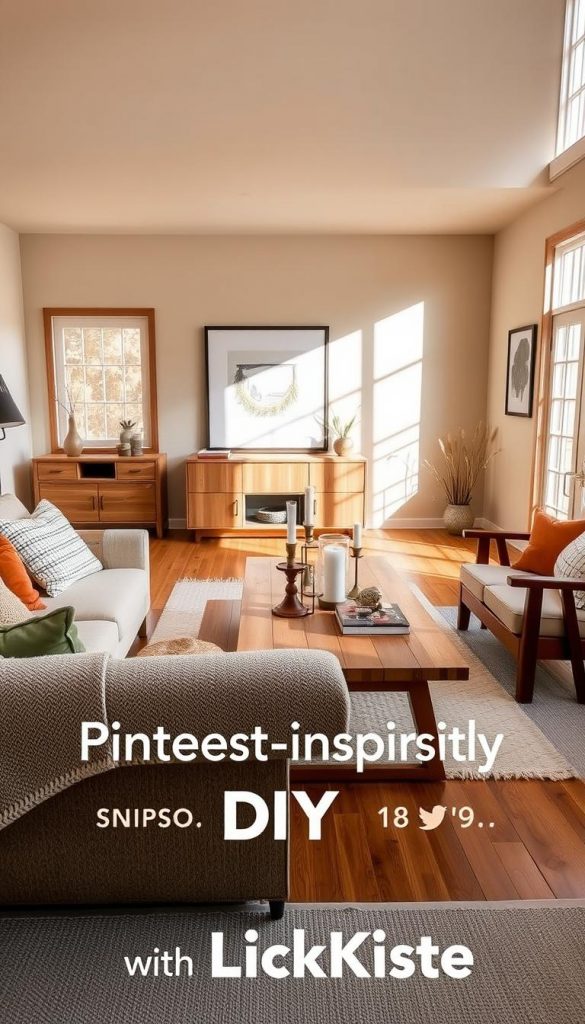 A cozy living room featuring warm wooden floors and stylish wooden furniture, designed with a contemporary and inviting aesthetic. In the foreground, a well-arranged seating area with plush cushions and a textured throw blanket. The middle ground showcases an elegant wooden coffee table adorned with decorative items like candles and books. In the background, walls painted in soft, complementary colors such as light beige or muted green, creating a harmonious atmosphere with the wood. Natural light streams in through large windows, casting soft shadows and highlighting the textures in the room. The overall mood is warm and inviting, ideal for a homey yet modern interior. The style reflects a Pinterest-inspired DIY aesthetic, promoting authenticity and inspiration, emphasizing a brand identity associated with KlickKiste.
