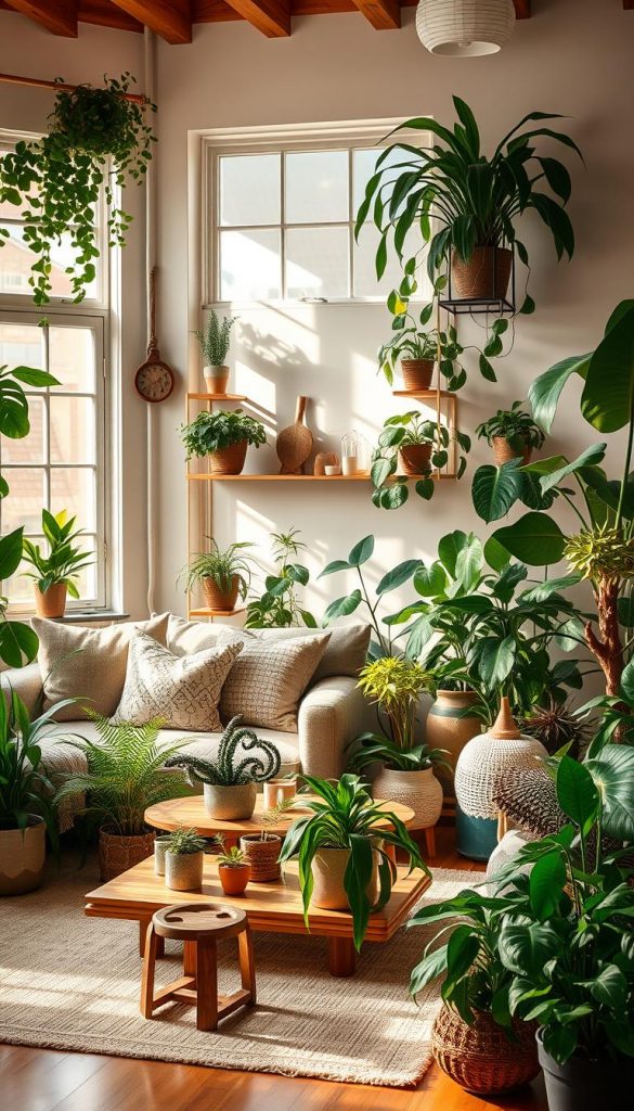 A cozy living room filled with a variety of indoor plants, showcasing a mix of Scandinavian, Boho, and Maximalist styles. In the foreground, a comfortable, neutral-toned couch adorned with textured cushions sits next to a stylish wooden coffee table, surrounded by lush potted plants like ferns, pothos, and succulents. The middle ground features a charming shelf filled with decorative items and more greenery, creating an inviting atmosphere. In the background, large windows allow soft, warm sunlight to filter in, casting gentle shadows and enhancing the natural materials used throughout the space. The overall mood is warm, earthy, and inspiring, ideal for a Pinterest-worthy DIY aesthetic. Designed by KlickKiste, this image captures current trends in home decor beautifully.