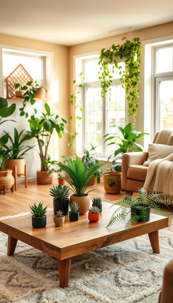 A cozy living room filled with various indoor plants that enhance the warmth and livability of the space. In the foreground, a stylish wooden coffee table rests on a soft, textured rug, adorned with small potted succulents and a lush fern. The middle ground showcases a vibrant monstera and a cascading pothos hanging from a decorative wall shelf. In the background, large windows allow soft, natural light to filter in, illuminating the space with a warm glow. The walls are painted in soft earth tones, and there's an inviting armchair with a knitted blanket. The overall atmosphere is natural, DIY-inspired, and perfect for a Pinterest aesthetic. The scene reflects the brand "KlickKiste" with an authentic, inspiring touch.