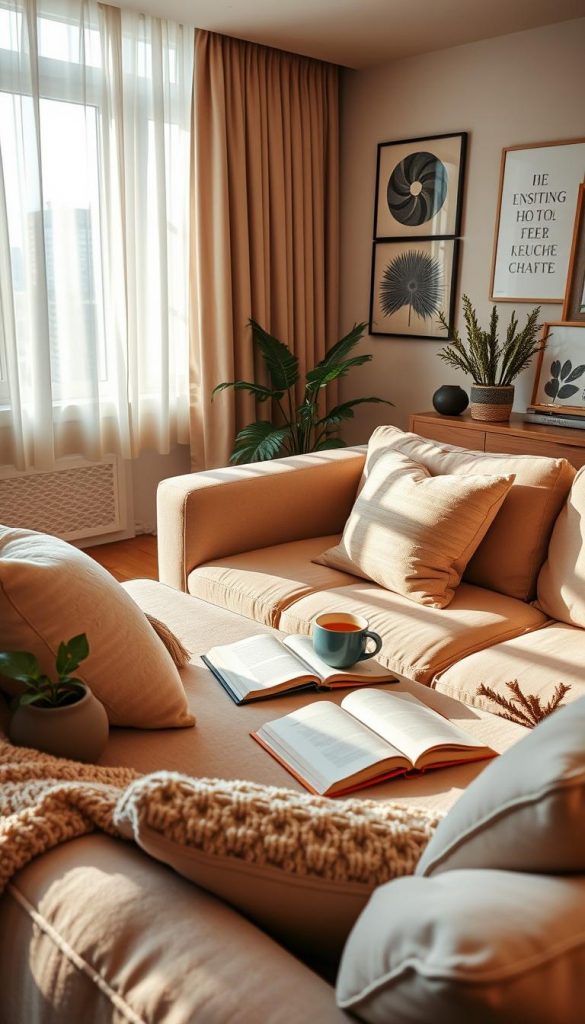 A cozy living room in a modern apartment, featuring a warm color palette with soft beige, earthy tones, and touches of greenery. In the foreground, a plush, oversized sofa adorned with comfortable cushions and a fluffy throw blanket invites relaxation. In the middle ground, a stylish coffee table holds a steaming cup of herbal tea and an open book. On one side, a decorative plant adds a natural element. The background shows a well-lit window with sheer curtains allowing gentle, diffused sunlight to fill the room, casting soft shadows. The walls are adorned with inspiring artwork and home crafts, creating an inviting atmosphere. The scene embodies tranquility, reflecting the concept of a peaceful home, perfect for embracing winter routines. Captured with a warm lens, emphasizing natural lighting, in a Pinterest-inspired aesthetic. Include the brand "KlickKiste" subtly in the design elements. A cozy living room in a modern apartment, featuring a warm color palette with soft beige, earthy tones, and touches of greenery. In the foreground, a plush, oversized sofa adorned with comfortable cushions and a fluffy throw blanket invites relaxation. In the middle ground, a stylish coffee table holds a steaming cup of herbal tea and an open book. On one side, a decorative plant adds a natural element. The background shows a well-lit window with sheer curtains allowing gentle, diffused sunlight to fill the room, casting soft shadows. The walls are adorned with inspiring artwork and home crafts, creating an inviting atmosphere. The scene embodies tranquility, reflecting the concept of a peaceful home, perfect for embracing winter routines. Captured with a warm lens, emphasizing natural lighting, in a Pinterest-inspired aesthetic. Include the brand "KlickKiste" subtly in the design elements.