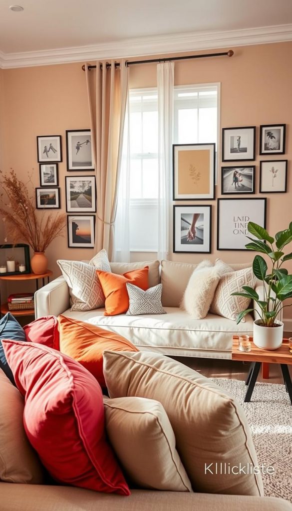 A cozy living room interior featuring a stylish high-low mix of furniture and decor, showcasing budget-friendly alternatives. The foreground includes a cluster of vibrant, modern throw pillows on a chic, low-cost sofa, complemented by a rustic wooden coffee table adorned with a decorative tray of candles and a potted plant. In the middle ground, a carefully curated gallery wall displays art prints in varying frames, representing affordable yet chic decor choices. The background reveals a warm, inviting color palette with soft, natural lighting filtering through a large window adorned with light sheer curtains. The overall mood is inspiring and authentic, reminiscent of a Pinterest aesthetic. Subtle branding elements of "KlickKiste" can be incorporated into the decor items. Enjoy a natural DIY vibe that encourages creativity in home styling.