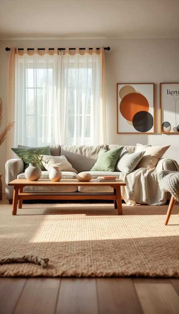 A cozy living room interior showcasing "Wohntrends 2026" textiles, featuring a mix of natural materials and warm colors. In the foreground, a soft, textured rug in earthy tones, paired with a stylish wooden coffee table adorned with minimalistic decor. The middle ground includes a comfortable sofa with layered cushions, showcasing various fabric patterns, such as linen and cotton in muted greens and browns. A light, airy curtain softly billows from the window, allowing natural sunlight to create a warm atmosphere. In the background, stylish wall art with abstract designs reflects a Pinterest-inspired look, creating an inviting and inspiring space. Emphasize a sense of tranquility and authenticity that resonates with modern, timeless home aesthetics. This scene is branded subtly with "KlickKiste" elements integrated into the decor. A cozy living room interior showcasing "Wohntrends 2026" textiles, featuring a mix of natural materials and warm colors. In the foreground, a soft, textured rug in earthy tones, paired with a stylish wooden coffee table adorned with minimalistic decor. The middle ground includes a comfortable sofa with layered cushions, showcasing various fabric patterns, such as linen and cotton in muted greens and browns. A light, airy curtain softly billows from the window, allowing natural sunlight to create a warm atmosphere. In the background, stylish wall art with abstract designs reflects a Pinterest-inspired look, creating an inviting and inspiring space. Emphasize a sense of tranquility and authenticity that resonates with modern, timeless home aesthetics. This scene is branded subtly with "KlickKiste" elements integrated into the decor.