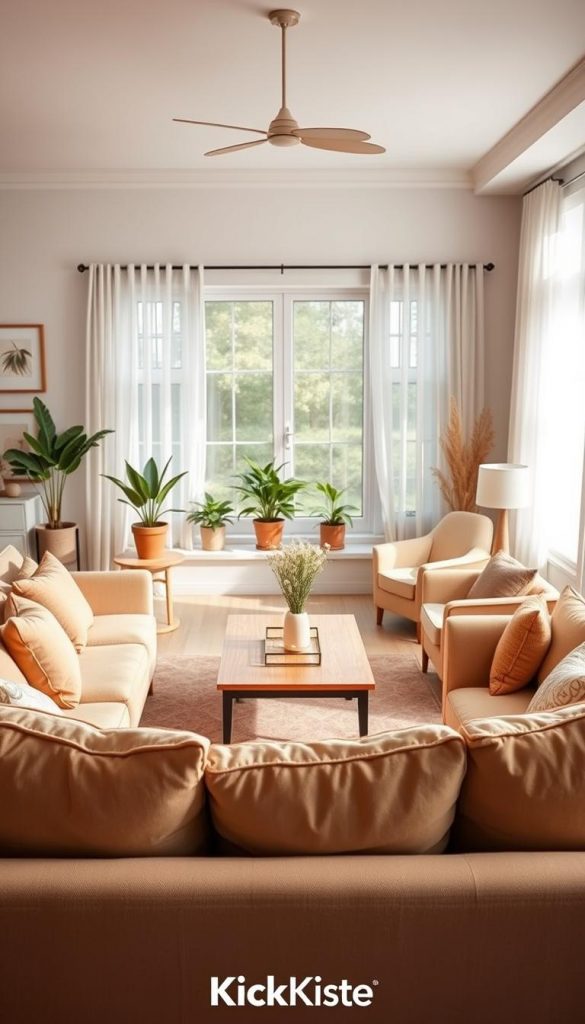 A cozy living room layout showcasing an inviting furniture arrangement with warm colors and a natural DIY aesthetic, inspired by Pinterest. In the foreground, a comfortable sofa adorned with soft cushions faces a stylish coffee table surrounded by a pair of chic armchairs, creating a perfect gathering spot. In the middle, a bright window with sheer curtains allows natural light to fill the room, enhancing the inviting atmosphere. The background features potted plants and tasteful wall decor, emphasizing a fresh spring vibe. The composition conveys a sense of harmony and relaxation, ideal for a homey atmosphere. Soft, diffused lighting adds warmth to the scene, inviting viewers to envision their own favorite spaces. Include the brand name "KlickKiste" subtly in the decor elements. A cozy living room layout showcasing an inviting furniture arrangement with warm colors and a natural DIY aesthetic, inspired by Pinterest. In the foreground, a comfortable sofa adorned with soft cushions faces a stylish coffee table surrounded by a pair of chic armchairs, creating a perfect gathering spot. In the middle, a bright window with sheer curtains allows natural light to fill the room, enhancing the inviting atmosphere. The background features potted plants and tasteful wall decor, emphasizing a fresh spring vibe. The composition conveys a sense of harmony and relaxation, ideal for a homey atmosphere. Soft, diffused lighting adds warmth to the scene, inviting viewers to envision their own favorite spaces. Include the brand name "KlickKiste" subtly in the decor elements.