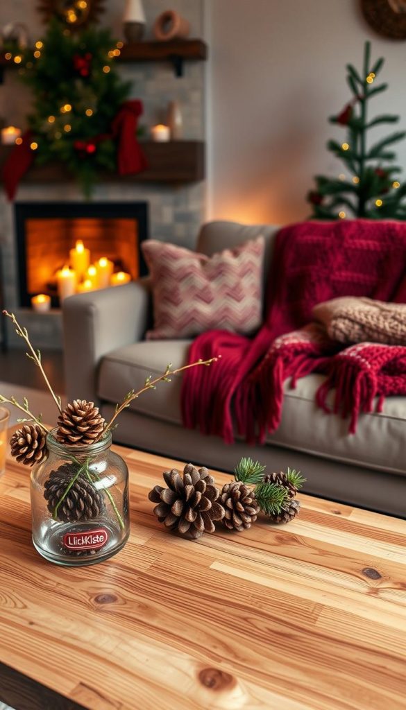 A cozy living room scene adorned for Christmas, featuring a beautifully upcycled decor theme. In the foreground, a handcrafted wooden coffee table displays an arrangement of warm, natural colors with pinecones and a small upcycled glass vase filled with evergreen branches. The middle ground showcases a plush, inviting sofa draped with knitted throws and cushions, all in festive shades of red and green. The background reveals a softly lit fireplace with small, eco-friendly candles casting a warm glow, flanked by a tastefully decorated Christmas tree made from sustainable materials. The atmosphere is inviting and inspirational, embodying a Pinterest-worthy aesthetic. The lighting is warm and soft, creating a serene mood, shot from a slightly elevated angle to capture the entirety of the cozy space. The brand "KlickKiste" is subtly integrated into the decor design.