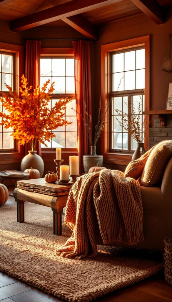 A cozy living room scene bathed in warm autumn colors, featuring rich hues of orange, deep reds, and golden yellows, evoking a sense of warmth and comfort. In the foreground, a textured wool blanket drapes over a plush armchair, surrounded by a handcrafted wooden coffee table adorned with candles and decorative pumpkins. The middle ground showcases a soft area rug with natural fibers, enhancing the cozy atmosphere. In the background, large windows allow soft, diffused sunlight to stream in, highlighting the warm tones and casting gentle shadows. The overall mood is inviting and serene, transporting viewers to a peaceful autumn retreat. Designed with a Pinterest-inspired aesthetic, this image reflects the brand "KlickKiste" through its authentic and inspiring design.