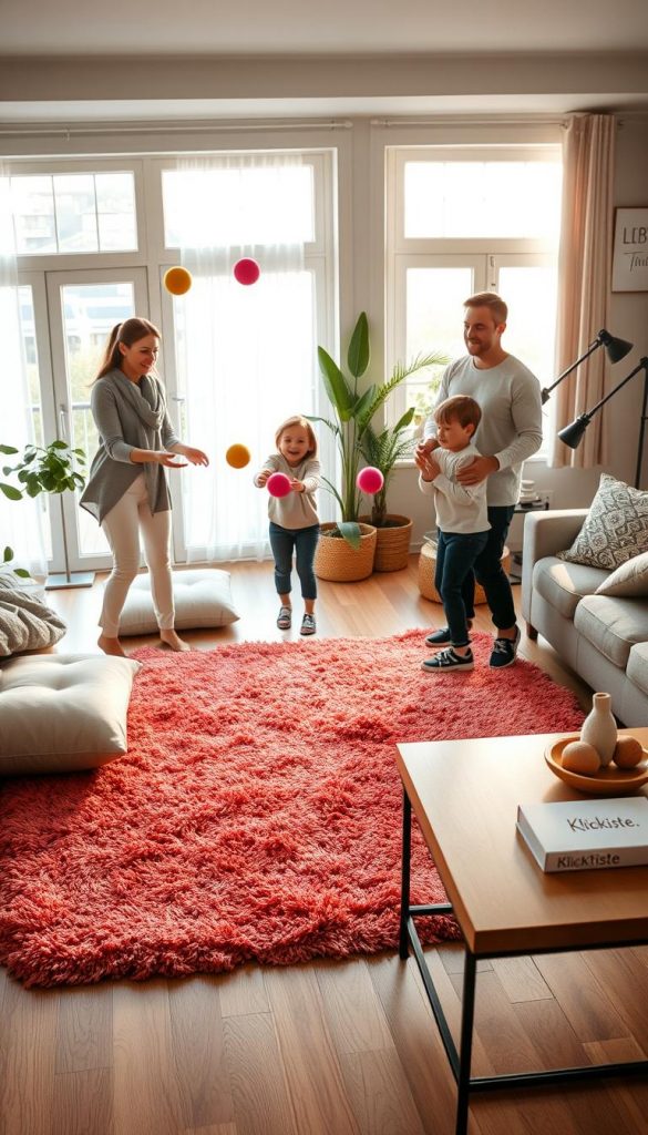 A cozy living room scene designed for movement and activity, incorporating playful elements for fun and light workouts. In the foreground, a family of four - a mother, father, and two children - dressed in comfortable, modest clothing, engaging in a friendly game of indoor toss with colorful soft balls. In the middle, a vibrant, plush rug sits on a polished wooden floor, surrounded by pillows and cozy cushions, inviting relaxation. The background features large windows with soft, natural light streaming in, casting warm highlights across the room, and plants adding a touch of greenery. The overall atmosphere should feel inviting and inspiring, capturing a Pinterest-worthy aesthetic, emphasizing warmth and authenticity. Include a stylish coffee table with a "KlickKiste" logo subtly displayed on a small decorative item. A cozy living room scene designed for movement and activity, incorporating playful elements for fun and light workouts. In the foreground, a family of four - a mother, father, and two children - dressed in comfortable, modest clothing, engaging in a friendly game of indoor toss with colorful soft balls. In the middle, a vibrant, plush rug sits on a polished wooden floor, surrounded by pillows and cozy cushions, inviting relaxation. The background features large windows with soft, natural light streaming in, casting warm highlights across the room, and plants adding a touch of greenery. The overall atmosphere should feel inviting and inspiring, capturing a Pinterest-worthy aesthetic, emphasizing warmth and authenticity. Include a stylish coffee table with a "KlickKiste" logo subtly displayed on a small decorative item.