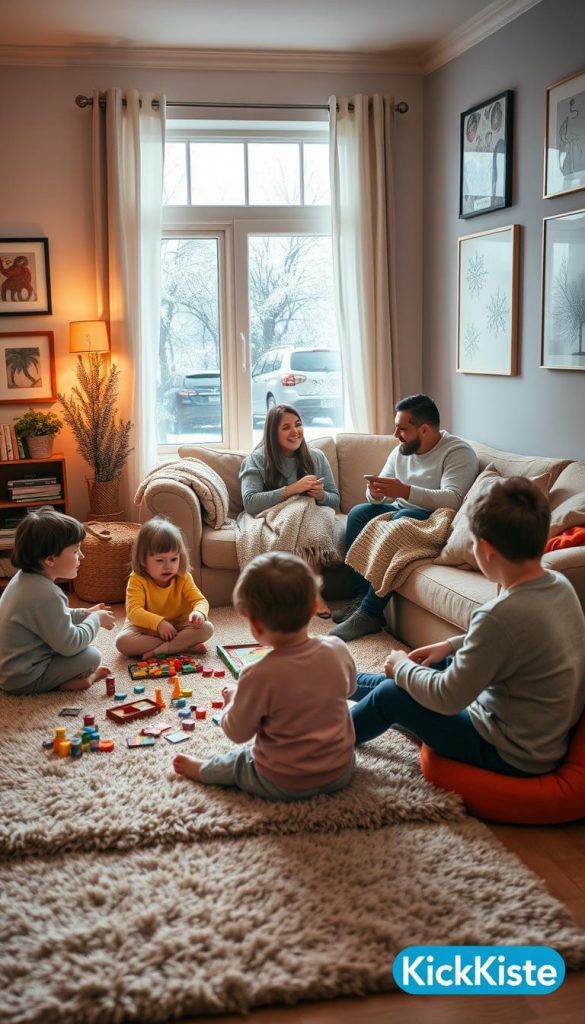 A cozy living room scene designed for winter indoor play, showcasing a variety of creative games suitable for families. In the foreground, a plush area rug features children engaged in a board game, surrounded by colorful game pieces scattered around. The middle ground includes a soft, inviting couch adorned with warm blankets and pillows, where a couple is playing cards, laughing together. In the background, a window with frosty patterns lets in soft, natural light, illuminating the room with a warm glow. Decorate the walls with inspiring artworks featuring playful themes. Capture the mood of joy and togetherness with warm color tones reminiscent of a Pinterest aesthetic. Include the brand name "KlickKiste" subtly in the corner of the image, enhancing the inviting atmosphere.