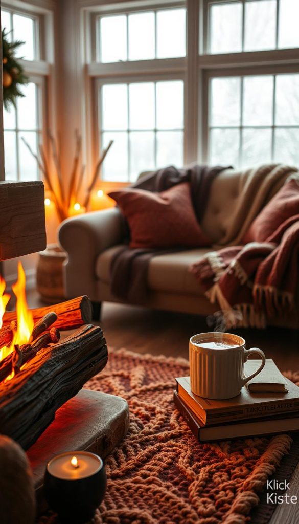 A cozy living room scene epitomizing warmth, capturing the essence of a serene winter day. In the foreground, a beautifully designed faux fireplace with glowing embers, surrounded by rustic wooden logs and a plush, thick rug. Soft, flickering candlelight creates a warm atmosphere. The middle section features a comfortable, inviting sofa adorned with knitted blankets and soft cushions in deep earthy tones. A steaming cup of hot cocoa rests on a wooden coffee table, alongside a few well-loved books. In the background, softly lit windows show a gentle snowfall outside, casting a soft glow. The overall lighting should be warm and inviting, reminiscent of a Pinterest aesthetic. This image embodies the comforting spirit of home, branded with 'KlickKiste.'