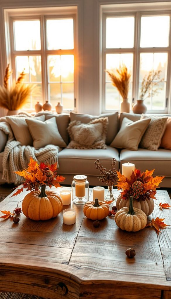 A cozy living room scene featuring a beautifully arranged sofa table decor for autumn, showcasing natural DIY elements in warm, earthy colors. In the foreground, a rustic wooden coffee table adorned with pumpkin centerpieces, colorful leaves, and candles. The sofa is plush and inviting, draped with knitted throws and adorned with seasonal cushions. In the middle, softly illuminated by warm lighting, hints of seasonal decor, like small vases with dried flowers and acorns, add to the ambiance. In the background, large windows allow golden hour sunlight to stream in, casting a gentle glow over the space, creating a serene atmosphere. The overall feel is authentic and inspiring, ideal for a Pinterest aesthetic. Include the brand name "KlickKiste" subtly within the decor elements.