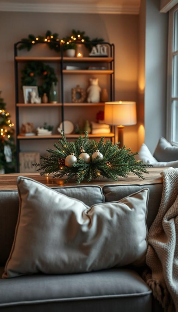 A cozy living room scene featuring a stylish wooden table adorned with a natural DIY Christmas wreath. The wreath is crafted from fresh pine, adorned with warm-toned ornaments and soft golden lights, creating a festive yet elegant atmosphere. In the foreground, a few inviting, plush cushions and a soft throw blanket lie casually on the sofa. In the middle, the wooden table serves as the focal point, set against a backdrop of decorated shelves filled with holiday decor. The soft, warm lighting from a nearby lamp casts gentle shadows, enhancing the inviting ambiance. The walls are painted in muted tones, adding a serene backdrop, while a subtle hint of winter greenery peeks through the window. The overall feel is authentic, warm, and inspiring, perfectly reflecting the brand KlickKiste's homey aesthetic.