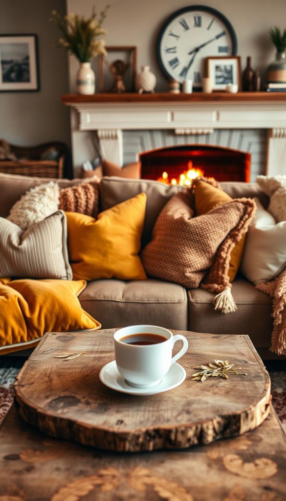 A cozy living room scene featuring an array of stylish throw pillows arranged on a plush, inviting couch. The foreground showcases a diverse selection of pillows in various fabrics and patterns, including soft textures like velvet and knit, in warm hues of mustard, terracotta, and cream. In the middle ground, a rustic wooden coffee table complements the arrangement, adorned with a steaming cup of tea and a few candles for a homely touch. The background reveals a softly glowing fireplace, enhancing the cozy atmosphere, framed by tasteful mantel decorations. The lighting is warm and inviting, reminiscent of golden hour, captured with a soft focus effect to create a dreamy, inspiring Pinterest aesthetic. This image embodies the essence of comfort and style, with a natural DIY vibe inspired by KlickKiste.