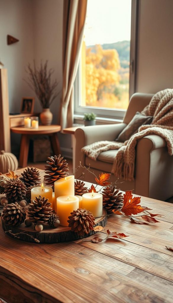 A cozy living room scene featuring autumn decorations crafted from natural materials, embodying a sustainable and budget-friendly aesthetic. In the foreground, a rustic wooden table adorned with handmade decorations made of pinecones, acorns, and dried leaves, accompanied by soft, warm-colored candles. The middle ground showcases a comfortable armchair draped in a knitted, earth-toned blanket, placed next to a wooden side table with a small plant. In the background, a softly illuminated window reveals a beautiful autumn landscape outside, with rich fall foliage. The room is bathed in warm, golden light, creating an inviting and inspiring atmosphere. The overall composition should reflect a Pinterest-worthy DIY look that aligns with the brand "KlickKiste."