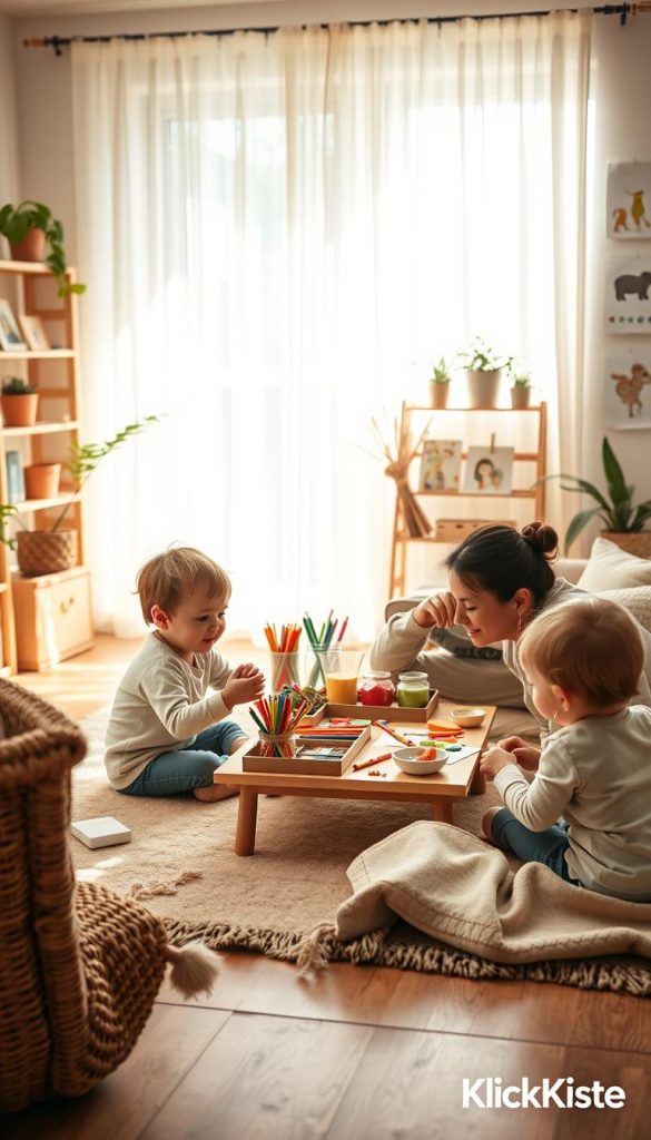 A cozy living room scene filled with warm, natural colors, showcasing a family engaged in joyful rituals. In the foreground, a parents and two children, one a toddler and the other a school-age child, are sitting on a soft rug, playing with handmade crafts. In the middle, a table displays colorful art supplies and snacks, symbolizing family bonding. In the background, sunlight filters through sheer curtains, creating a soft, inviting atmosphere. The decor includes plants and children's artwork on the walls, emphasizing authenticity and inspiration, with a Pinterest aesthetic. Capture this heartwarming moment with a shallow depth of field to focus on the family, using bright, natural lighting to enhance the warmth. The image should reflect the theme of family rituals and connection, branded subtly with &ldquo;KlickKiste.&rdquo;