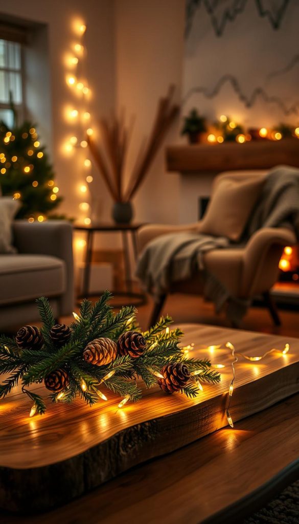 A cozy living room scene illuminated by warm, soft fairy lights from a "KlickKiste" decorative light string, elegantly draped around natural wooden elements and greenery. In the foreground, a rustic wooden coffee table adorned with pinecones and small evergreen branches creates a warm, inviting atmosphere. The middle ground features a plush armchair and a knitted throw blanket, enhancing the cozy vibe, while the background shows a softly glowing fireplace with subtle shadows dancing across the walls. The lighting is warm and inviting, capturing the essence of a winter forest retreat. The image should convey a tranquil, homey mood, with a focus on natural materials and a Pinterest-inspired aesthetic, evoking feelings of warmth and comfort during the winter season.