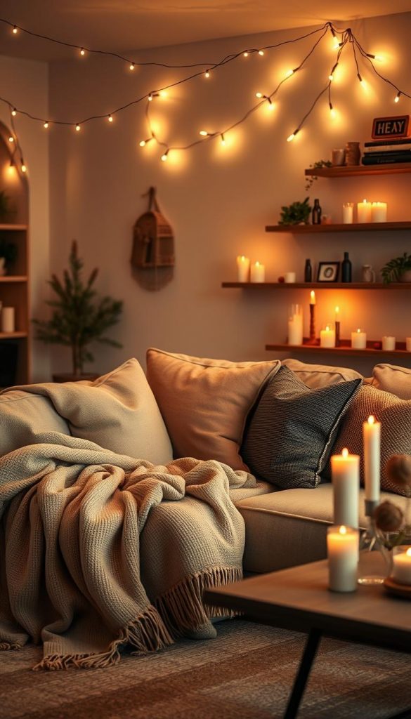 A cozy living room scene showcasing a "lichterkette" (string lights) adorned sofa zone, thoughtfully layered with candles and textured fabrics. In the foreground, a plush, inviting sofa draped with soft, warm-toned throws and decorative pillows in earthy hues creates a welcoming atmosphere. Medium shot captures the ambient glow of the string lights twinkling above, casting soft shadows across the room. In the background, a festive arrangement of candles on a stylish coffee table adds to the warm ambiance, while a rustic shelf displays cozy decorative elements. The lighting is gentle and warm, evoking a tranquil, inviting mood. The overall aesthetic is natural and DIY-inspired, reminiscent of a Pinterest look, embodying the brand "KlickKiste."