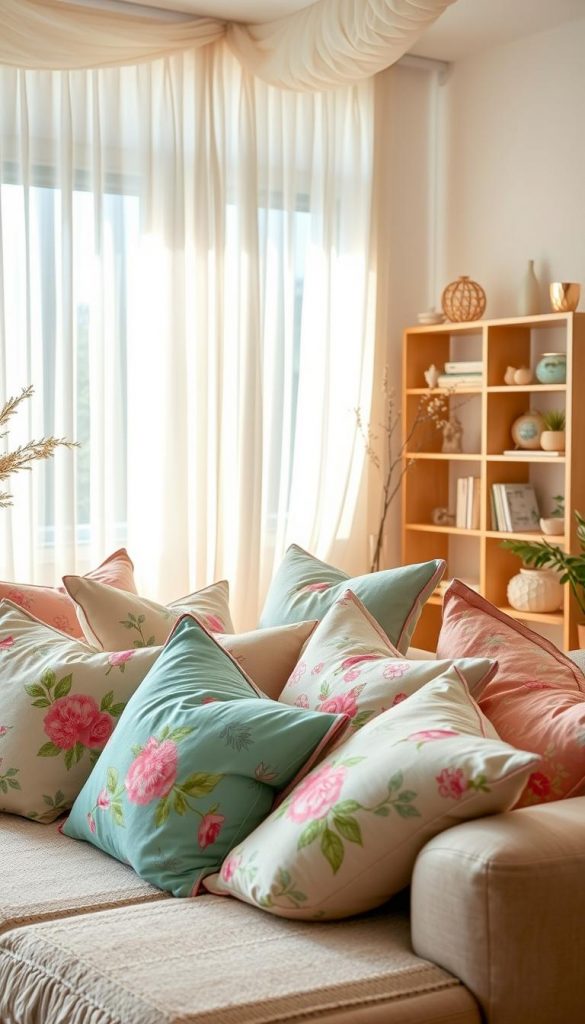 A cozy living room scene showcasing a vibrant array of textiles inspired by spring decor. In the foreground, a plush arrangement of colorful cushions in pastel tones, featuring floral patterns, invites relaxation. The middle ground features sheer, flowy curtains gently fluttering in a light breeze, casting soft shadows and filtering sunlight. The area is adorned with a textured rug in subtle earth tones, grounding the space. In the background, a stylish bookshelf displays decor accents that harmonize with the textile theme. The lighting is warm and inviting, evoking a sense of comfort and inspiration. The composition should reflect an authentic DIY Pinterest aesthetic, with a touch of creativity that resonates with the brand "KlickKiste," emphasizing quick updates to refresh a living space. A cozy living room scene showcasing a vibrant array of textiles inspired by spring decor. In the foreground, a plush arrangement of colorful cushions in pastel tones, featuring floral patterns, invites relaxation. The middle ground features sheer, flowy curtains gently fluttering in a light breeze, casting soft shadows and filtering sunlight. The area is adorned with a textured rug in subtle earth tones, grounding the space. In the background, a stylish bookshelf displays decor accents that harmonize with the textile theme. The lighting is warm and inviting, evoking a sense of comfort and inspiration. The composition should reflect an authentic DIY Pinterest aesthetic, with a touch of creativity that resonates with the brand "KlickKiste," emphasizing quick updates to refresh a living space.