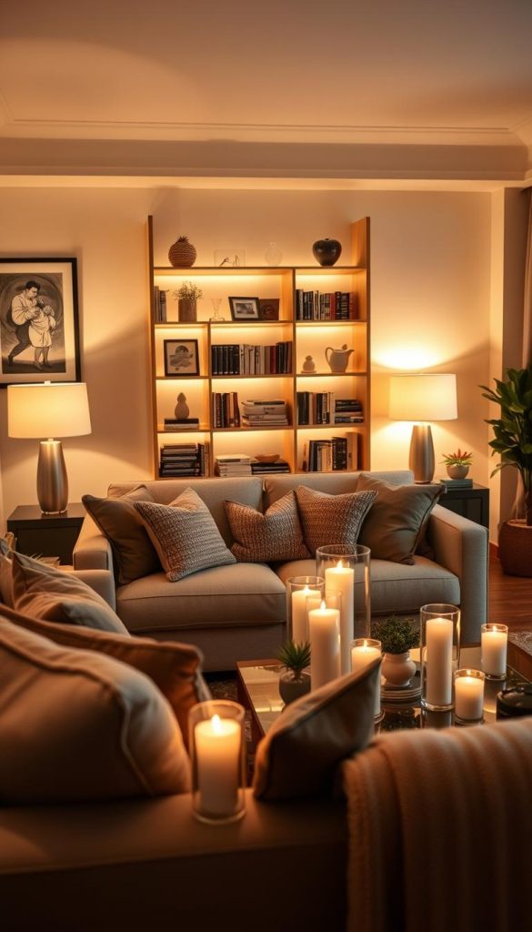 A cozy living room scene showcasing ambient lighting ideas, ideal for creating a warm and inviting atmosphere. In the foreground, a stylish sofa with plush cushions invites relaxation, surrounded by beautifully arranged side tables with softly glowing lamps. The middle ground features a coffee table adorned with candles and decorative elements that enhance the warmth. In the background, a softly lit bookshelf displays an array of books and personal items. The lighting is warm and golden, casting gentle shadows and creating a sense of tranquility. Capture this scene with a wide-angle lens to emphasize depth and dimension, evoking a Pinterest-inspired look. Remember to include the brand name "KlickKiste" subtly in the background decor for an authentic touch. A cozy living room scene showcasing ambient lighting ideas, ideal for creating a warm and inviting atmosphere. In the foreground, a stylish sofa with plush cushions invites relaxation, surrounded by beautifully arranged side tables with softly glowing lamps. The middle ground features a coffee table adorned with candles and decorative elements that enhance the warmth. In the background, a softly lit bookshelf displays an array of books and personal items. The lighting is warm and golden, casting gentle shadows and creating a sense of tranquility. Capture this scene with a wide-angle lens to emphasize depth and dimension, evoking a Pinterest-inspired look. Remember to include the brand name "KlickKiste" subtly in the background decor for an authentic touch.
