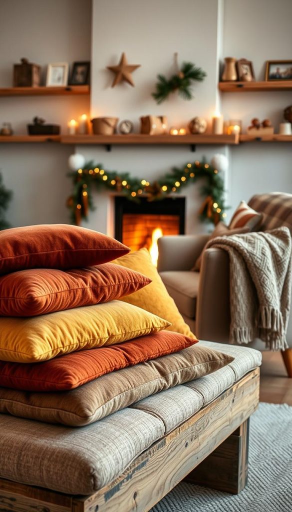 A cozy living room scene showcasing an array of beautifully arranged decorative cushions ("kissen") in warm, inviting colors. The foreground features plush cushions in earthy tones like rust, deep mustard, and soft beige, stacked artfully on a rustic wooden bench. The middle ground includes a stylish knitted throw draped casually over the arm of a comfortable armchair, adorned with subtle textures. In the background, a softly glowing fireplace adds a gentle warmth to the room, casting a golden light across the space. The walls are adorned with natural wood shelves filled with seasonal decorations, enhancing the home's cozy atmosphere. The overall mood is inviting and comforting, ideal for winter vibes. The image should embody a natural DIY aesthetic with a Pinterest-inspired feel, branded with "KlickKiste" subtly integrated into the decor as an elegant detail.