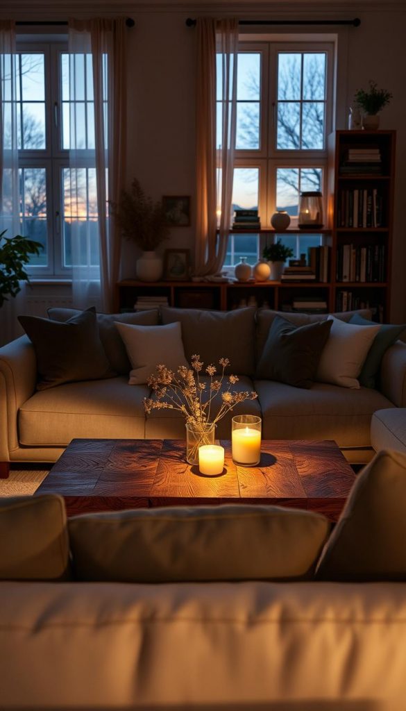 A cozy living room scene, softly illuminated by warm, ambient lighting. In the foreground, a stylish, overstuffed sofa with an array of plush cushions, inviting you to relax. A handmade coffee table made of reclaimed wood sits at the center, adorned with a glowing candle and a small bouquet of dried flowers, fostering a serene atmosphere. The middle ground features a rustic bookshelf filled with books and decor, each piece thoughtfully arranged for a Pinterest-worthy look. In the background, large windows draped with light, airy curtains reveal dusk outside, enhancing the glow within. Soft shadows play across the walls, giving depth to the inviting space, designed to evoke comfort and inspiration—perfect for evening gatherings. The image reflects the essence of "KlickKiste," showcasing natural DIY aesthetics with warm hues. A cozy living room scene, softly illuminated by warm, ambient lighting. In the foreground, a stylish, overstuffed sofa with an array of plush cushions, inviting you to relax. A handmade coffee table made of reclaimed wood sits at the center, adorned with a glowing candle and a small bouquet of dried flowers, fostering a serene atmosphere. The middle ground features a rustic bookshelf filled with books and decor, each piece thoughtfully arranged for a Pinterest-worthy look. In the background, large windows draped with light, airy curtains reveal dusk outside, enhancing the glow within. Soft shadows play across the walls, giving depth to the inviting space, designed to evoke comfort and inspiration—perfect for evening gatherings. The image reflects the essence of "KlickKiste," showcasing natural DIY aesthetics with warm hues.