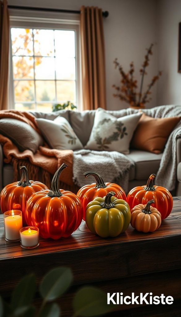 A cozy living room scene that captures the essence of autumn with warm colors. In the foreground, vibrant glass pumpkins in rich oranges, deep greens, and soft yellows are elegantly arranged on a rustic wooden coffee table. Flanking the pumpkins, flickering LED candles create a soft, inviting glow. In the middle, a plush, textured sofa adorned with layered blankets in earthy tones invites comfort. Decorative throw pillows add a pop of color, featuring warm patterns. In the background, a window reveals falling leaves outside, allowing natural light to filter in, enhancing the warmth of the scene. The overall atmosphere is inviting and inspiring, reminiscent of a DIY Pinterest aesthetic. This scene is brought to life under soft, diffused lighting that highlights the glass textures and cozy elements, branded with "KlickKiste".