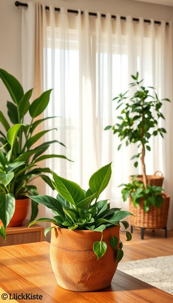 A cozy living room scene that embodies sustainable living with plants, featuring a variety of lush, green indoor plants such as snake plants, pothos, and peace lilies arranged elegantly on a wooden shelf. The foreground highlights a rustic, handmade terracotta pot with vibrant succulents. In the middle, a soft, natural light filters through a large window adorned with sheer curtains, casting gentle shadows that create a warm and inviting atmosphere. The background includes a potted fig tree in a woven basket, emphasizing a connection to nature. The color palette is warm and earthy, with a touch of vibrant greenery, evoking an authentic, inspirational Pinterest aesthetic. This setting reflects the ethos of KlickKiste, showcasing resource-efficient plant care ideas in a sustainable, stylish home.