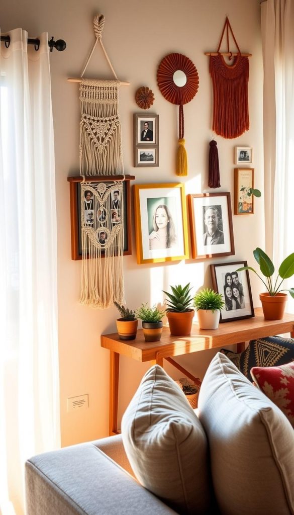 A cozy living room setting designed for budget-friendly decor, featuring a stylish wall adorned with various DIY art pieces and colorful wall hangings. In the foreground, a handmade macram&eacute; wall art piece hangs next to a framed collage of family photos. The middle ground showcases a rustic wooden shelf filled with potted plants and affordable artwork. In the background, a soft, inviting couch topped with decorative cushions invites relaxation. The warm lighting creates an inviting atmosphere, with sunlight filtering through sheer curtains, enhancing the earthy tones of the decor. This scene reflects the essence of sustainable style and creativity, inspired by "KlickKiste", embodying a Pinterest-like aesthetic that feels both authentic and inspiring.