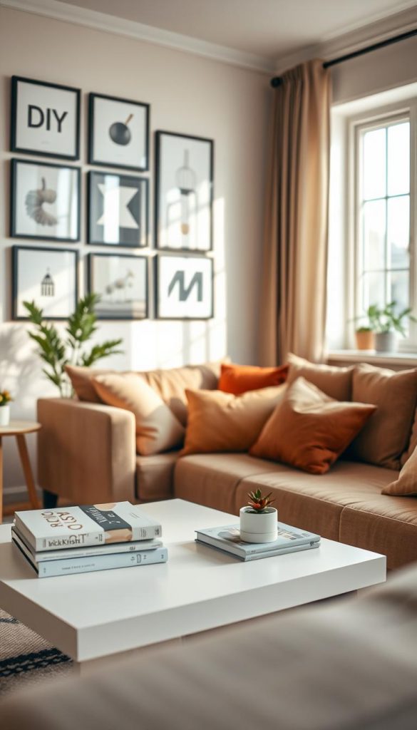A cozy living room setting designed for renters, highlighting creative and budget-friendly decor solutions. In the foreground, a stylish, small sofa adorned with cushions in warm, earthy tones, accompanied by a minimalist coffee table featuring a stack of design books and a small potted plant. The middle ground reveals a gallery wall with framed art showcasing DIY decor ideas, seamlessly arranged without drilling. In the background, a large window allows soft, natural light to filter in, illuminating the space with a warm glow. The atmosphere is inviting and inspiring, embodying a Pinterest-worthy aesthetic, with a subtle hint of the brand "KlickKiste" evident in decor styles. The scene conveys a feeling of comfort and functionality, perfect for small living spaces in winter.