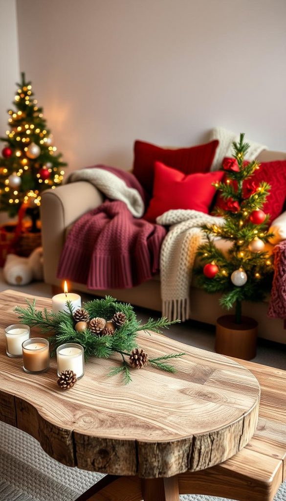 A cozy living room setting designed for the holidays, featuring a warm and inviting atmosphere. In the foreground, a rustic wooden coffee table adorned with DIY Christmas decorations&mdash;pinecones, candles, and a small handmade wreath. In the middle ground, a plush sofa draped with knitted blankets and festive cushions in rich reds and greens. A small, beautifully decorated Christmas tree with warm fairy lights stands nearby, casting a soft glow. The background shows a softly lit room with subtle, natural textures on the walls and warm tones throughout. The overall mood is warm and inviting, ideal for small apartments and any budget. Use natural lighting to enhance the atmosphere. The style reflects a Pinterest aesthetic, evoking inspiration and authenticity, branded as "KlickKiste".