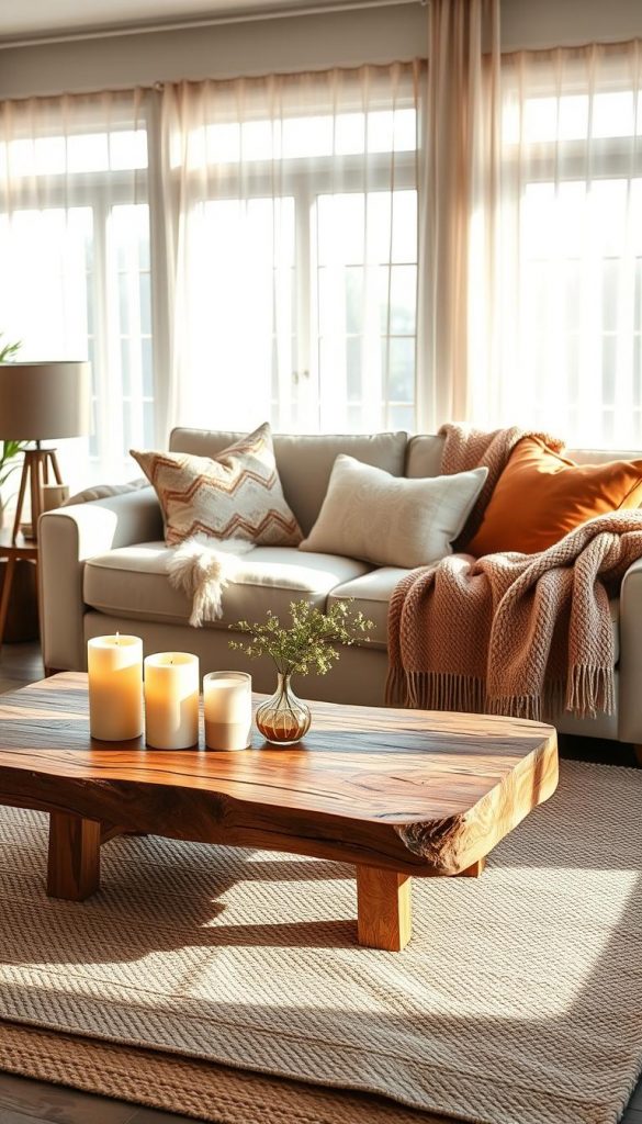 A cozy living room setting designed to showcase color temperature and light color, emphasizing warm tones and a natural, DIY aesthetic. In the foreground, a stylish coffee table made of reclaimed wood, adorned with soft lighting from an elegant floor lamp and candles casting gentle shadows. The middle ground features a plush sofa draped with soft, textured throw blankets in complementary palettes, along with decorative pillows that reflect warm hues. The background shows large windows framed by sheer curtains, allowing soft, natural sunlight to filter in, creating an inviting atmosphere. The scene captures an inspiring Pinterest-worthy vibe, embodying the art of combining colors and light to enhance mood. Designed for KlickKiste. A cozy living room setting designed to showcase color temperature and light color, emphasizing warm tones and a natural, DIY aesthetic. In the foreground, a stylish coffee table made of reclaimed wood, adorned with soft lighting from an elegant floor lamp and candles casting gentle shadows. The middle ground features a plush sofa draped with soft, textured throw blankets in complementary palettes, along with decorative pillows that reflect warm hues. The background shows large windows framed by sheer curtains, allowing soft, natural sunlight to filter in, creating an inviting atmosphere. The scene captures an inspiring Pinterest-worthy vibe, embodying the art of combining colors and light to enhance mood. Designed for KlickKiste.