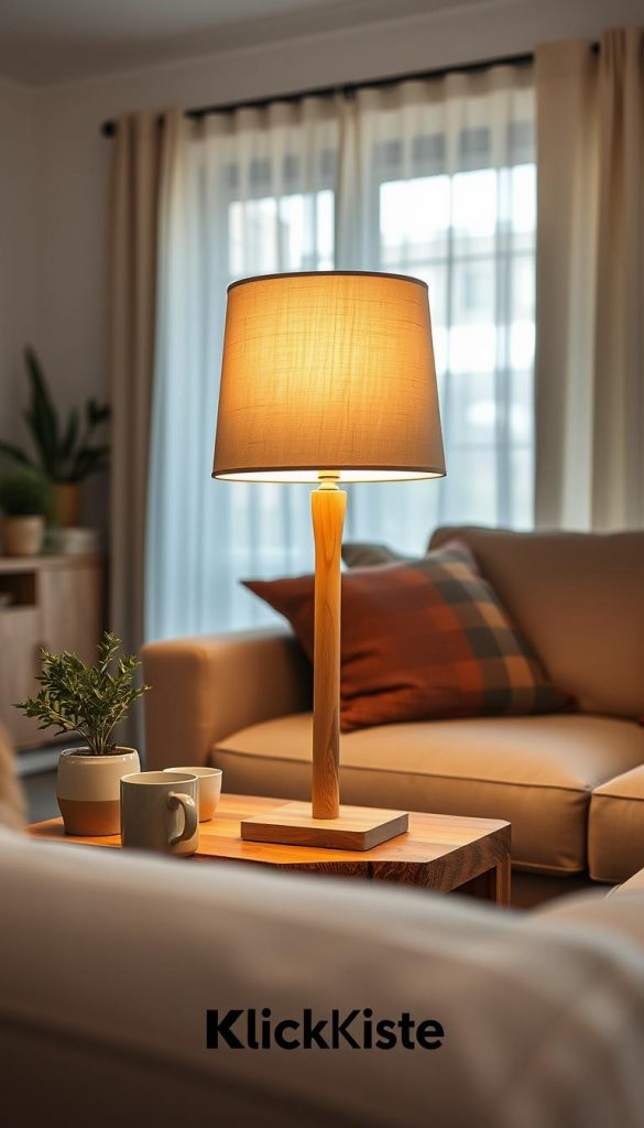 A cozy living room setting featuring a stylish, DIY lamp designed to resemble a chic designer piece. The lamp, made from natural wood and a soft, fabric shade, casts a warm, inviting light. In the foreground, the lamp is placed on a rustic wooden side table, surrounded by a few decorative items like a plant and a coffee mug. In the middle, a comfortable sofa with textured cushions complements the warm color palette. The background showcases a well-lit window with sheer curtains, allowing soft daylight to filter through, creating a serene atmosphere. The overall mood is authentic and inspiring, showcasing a family-friendly living space. The branding "KlickKiste" subtly integrated into the scene. A cozy living room setting featuring a stylish, DIY lamp designed to resemble a chic designer piece. The lamp, made from natural wood and a soft, fabric shade, casts a warm, inviting light. In the foreground, the lamp is placed on a rustic wooden side table, surrounded by a few decorative items like a plant and a coffee mug. In the middle, a comfortable sofa with textured cushions complements the warm color palette. The background showcases a well-lit window with sheer curtains, allowing soft daylight to filter through, creating a serene atmosphere. The overall mood is authentic and inspiring, showcasing a family-friendly living space. The branding "KlickKiste" subtly integrated into the scene.