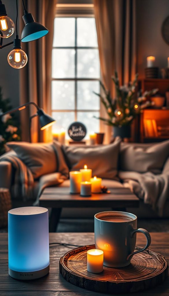 A cozy living room setting in the foreground, adorned with various stylish lamps casting soft, warm glows, alongside flickering candles creating an inviting atmosphere. A sleek smart lighting system is subtly integrated, showcasing adjustable hues that blend seamlessly with the decor. In the middle ground, a plush sofa with thick blankets invites relaxation, while a rustic coffee table holds a steaming mug of cocoa. The background features a softly lit window with snowflakes cascading down outside, enhancing the winter ambiance. The scene is bathed in warm tones, evoking feelings of comfort and inspiration, reminiscent of a Pinterest aesthetic. The composition should capture the essence of warmth and tranquility, branded with "KlickKiste" strategically placed within the cozy decor.