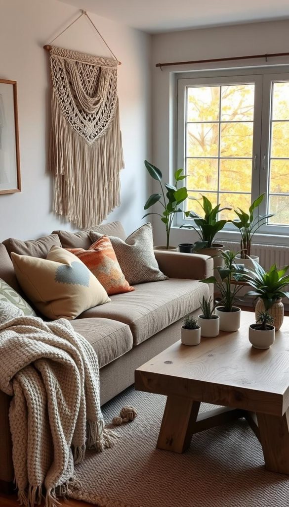 A cozy living room showcasing a stylish mix of Scandi, Boho, Maximalism, Countryhouse, Castlecore, and modern Minimalism design elements. In the foreground, a plush, textured sofa draped with layered throw blankets in warm, earthy tones. Decorative pillows with abstract patterns and a handmade macramé wall hanging add a touch of Bohemian flair. The middle ground features a rustic coffee table with natural wood grain, surrounded by various indoor plants in ceramic pots, exuding life and warmth. In the background, a softly lit window offers a view of autumn trees, casting a gentle glow across the space. The atmosphere is inviting and inspiring, reminiscent of a Pinterest aesthetic, with a focus on natural DIY decor. The image should convey a sense of comfort and warmth, showcasing authentic design elements by KlickKiste.