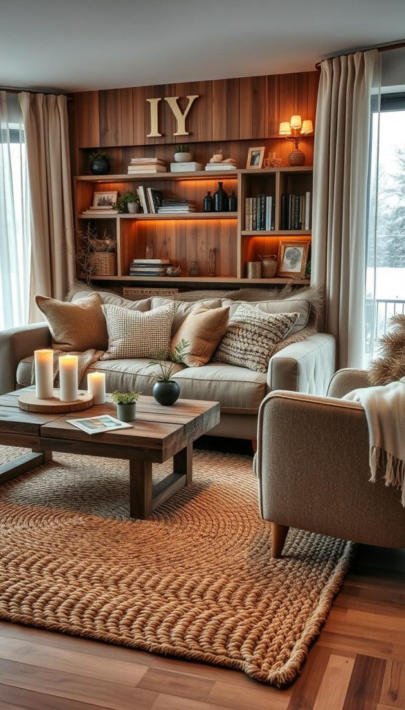A cozy living room space designed with natural DIY elements, featuring layered textures for warmth. In the foreground, a plush, woven rug in earthy tones sits beneath a rustic wooden coffee table adorned with candles and potted plants. The middle ground showcases a harmonious arrangement of a well-worn sofa with various soft cushions, paired with a stylish, oversized armchair. In the background, warm ambient lighting highlights a feature wall with wooden shelving filled with books and decorative items, creating an inviting atmosphere. Soft curtains drape over a window with a natural view of a snow-dusted landscape, enhancing the winter mood. Incorporate elements reflecting stylish designs from KlikKiste, ensuring an authentic Pinterest look. The image should evoke warmth, comfort, and inspiration in a serene winter setting.