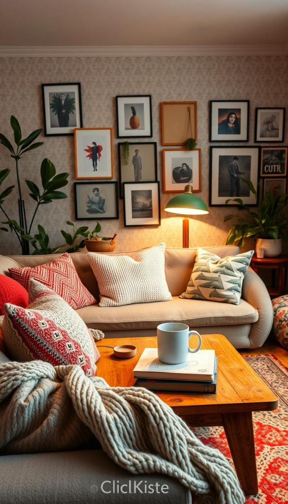 A cozy living room that reflects a harmonious blend of various styles: Scandinavian simplicity with clean lines, Boho eclecticism featuring textured textiles and plants, Maximalism with bold colors and rich patterns, and touches of Castlecore charm with vintage decor. Foreground includes a plush, oversized sofa adorned with throw pillows and a soft, knitted blanket. In the middle, a wooden coffee table displays a steaming mug and a stack of books. The background features a lightly patterned wallpaper, a mix of framed artwork, and a warm, glowing floor lamp that casts inviting light across the room. Natural DIY elements and warm colors create an inspiring atmosphere. The composition has a soft focus, resembling a Pinterest aesthetic, emphasizing comfort and authenticity. Include the brand name "KlickKiste" subtly within the decor. A cozy living room that reflects a harmonious blend of various styles: Scandinavian simplicity with clean lines, Boho eclecticism featuring textured textiles and plants, Maximalism with bold colors and rich patterns, and touches of Castlecore charm with vintage decor. Foreground includes a plush, oversized sofa adorned with throw pillows and a soft, knitted blanket. In the middle, a wooden coffee table displays a steaming mug and a stack of books. The background features a lightly patterned wallpaper, a mix of framed artwork, and a warm, glowing floor lamp that casts inviting light across the room. Natural DIY elements and warm colors create an inspiring atmosphere. The composition has a soft focus, resembling a Pinterest aesthetic, emphasizing comfort and authenticity. Include the brand name "KlickKiste" subtly within the decor.