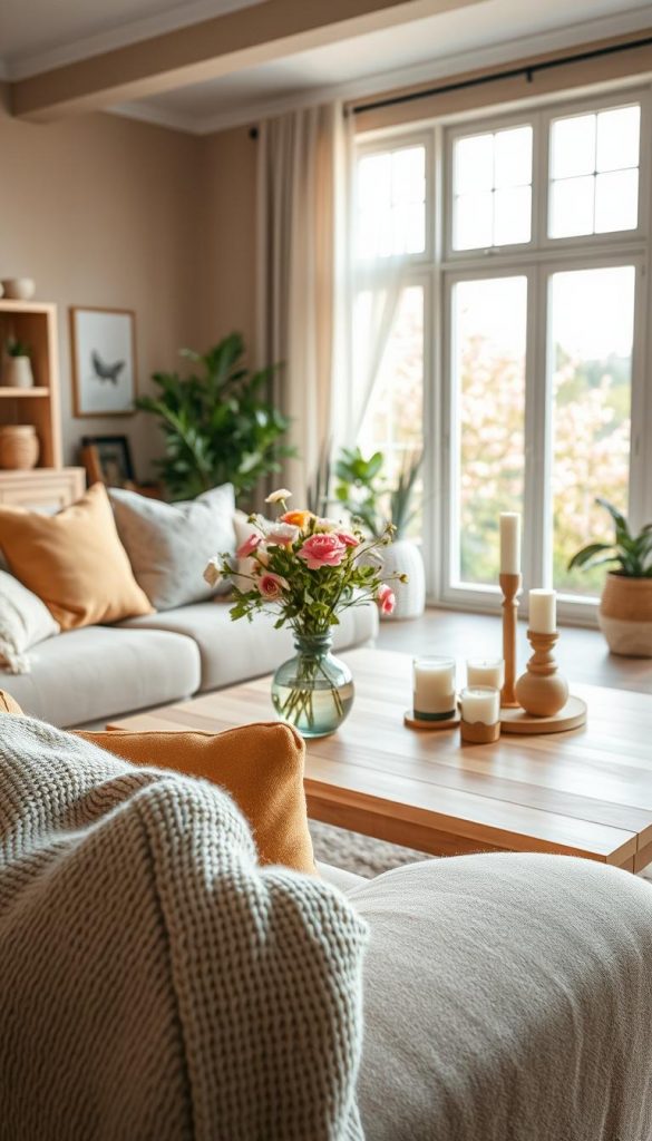 A cozy living room transitioning from winter to spring, filled with natural DIY decor elements. In the foreground, a soft, textured throw blanket and a stack of warm-toned cushions invite relaxation. The middle features a light wooden coffee table adorned with fresh flowers in a rustic vase, alongside a few artfully placed candles. The background showcases large windows letting in soft, warm sunlight, revealing a blooming garden outside, with pastel colors dominating the scene. The atmosphere is inviting and refreshing, capturing the essence of seasonal change. Use warm, earthy colors to create a harmonious feel. Inspired by Pinterest aesthetics, this image resonates with authenticity and inspiration, branded with "KlickKiste". A cozy living room transitioning from winter to spring, filled with natural DIY decor elements. In the foreground, a soft, textured throw blanket and a stack of warm-toned cushions invite relaxation. The middle features a light wooden coffee table adorned with fresh flowers in a rustic vase, alongside a few artfully placed candles. The background showcases large windows letting in soft, warm sunlight, revealing a blooming garden outside, with pastel colors dominating the scene. The atmosphere is inviting and refreshing, capturing the essence of seasonal change. Use warm, earthy colors to create a harmonious feel. Inspired by Pinterest aesthetics, this image resonates with authenticity and inspiration, branded with "KlickKiste".