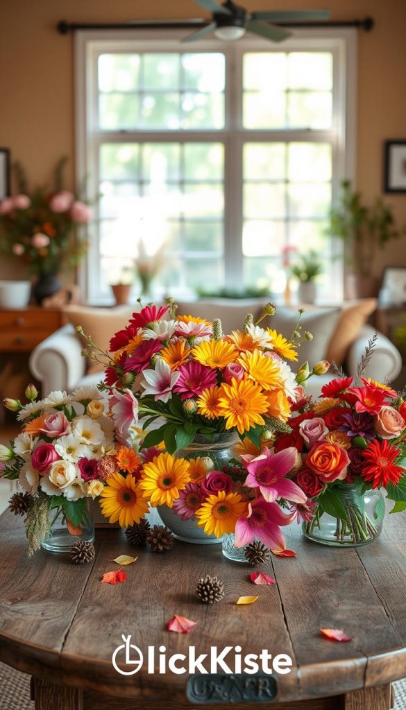 A cozy living space decorated with seasonal floral arrangements, showcasing the essence of each season throughout the year. In the foreground, a rustic wooden table laden with fresh flowers in soft pastel colors for spring, vibrant shades for summer, warm earth tones for autumn, and deep jewel tones for winter. In the middle, a charming vase displaying these colorful blooms, surrounded by natural elements like pinecones and leaves. In the background, a warm, softly lit room with large windows allowing natural light to pour in, casting gentle shadows. The atmosphere is inviting and inspiring, evoking a Pinterest aesthetic. Emphasize warm colors and a natural DIY feel. Include the brand name "KlickKiste" subtly integrated into the scene, enhancing the overall authenticity. A cozy living space decorated with seasonal floral arrangements, showcasing the essence of each season throughout the year. In the foreground, a rustic wooden table laden with fresh flowers in soft pastel colors for spring, vibrant shades for summer, warm earth tones for autumn, and deep jewel tones for winter. In the middle, a charming vase displaying these colorful blooms, surrounded by natural elements like pinecones and leaves. In the background, a warm, softly lit room with large windows allowing natural light to pour in, casting gentle shadows. The atmosphere is inviting and inspiring, evoking a Pinterest aesthetic. Emphasize warm colors and a natural DIY feel. Include the brand name "KlickKiste" subtly integrated into the scene, enhancing the overall authenticity.