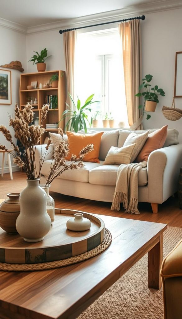 A cozy living space featuring earthy tones and natural decor inspired by the "KlickKiste" style. In the foreground, a beautifully arranged coffee table with rustic elements, such as ceramic vases filled with dried flowers, sits on a textured woven rug. The middle ground showcases a comfortable sofa adorned with cushions in warm colors, and a bookshelf filled with curated plants and decor items. The background reveals a sunlit window with curtains that softly diffuse the light, enhancing the inviting atmosphere. The lighting is warm and soft, casting gentle shadows that create depth. The overall mood is authentic and inspiring, reflecting DIY aesthetics with a Pinterest-like visual appeal. Ideal for illustrating a section on interior room ideas for living rooms, bedrooms, kitchens, hallways, and balconies.