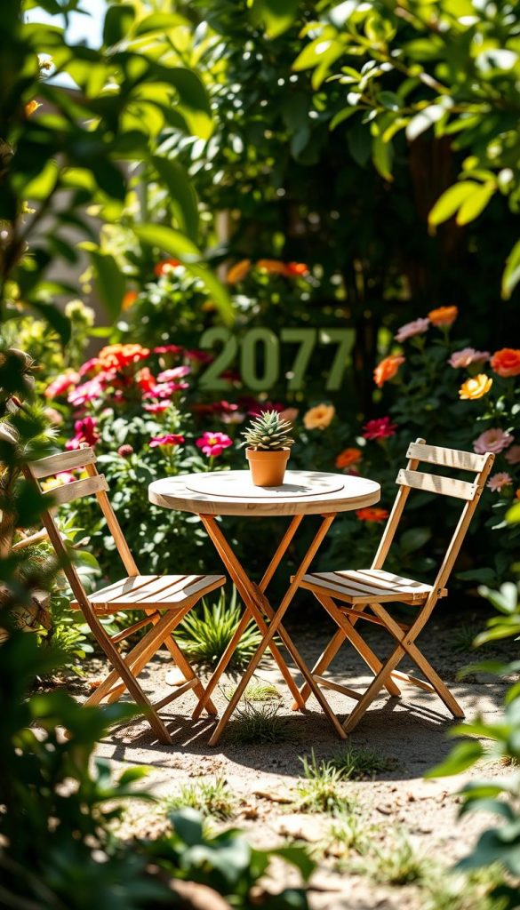 A cozy mini dining area set in a small garden, featuring a charming bistro table surrounded by two folding chairs, evoking a warm and inviting atmosphere. The scene is framed by lush greenery, with colorful flowers in the background for added vibrancy. Soft sunlight filters through the leaves, creating dappled shadows on the ground, enhancing the peaceful mood. An aesthetically pleasing DIY arrangement with natural materials reflects a Pinterest-worthy style, featuring a small potted plant on the table for added charm. The overall color palette consists of warm, earthy tones. This design, inspired by the brand "KlickKiste," captures an authentic and inspiring outdoor dining experience ideal for intimate gatherings in small spaces.