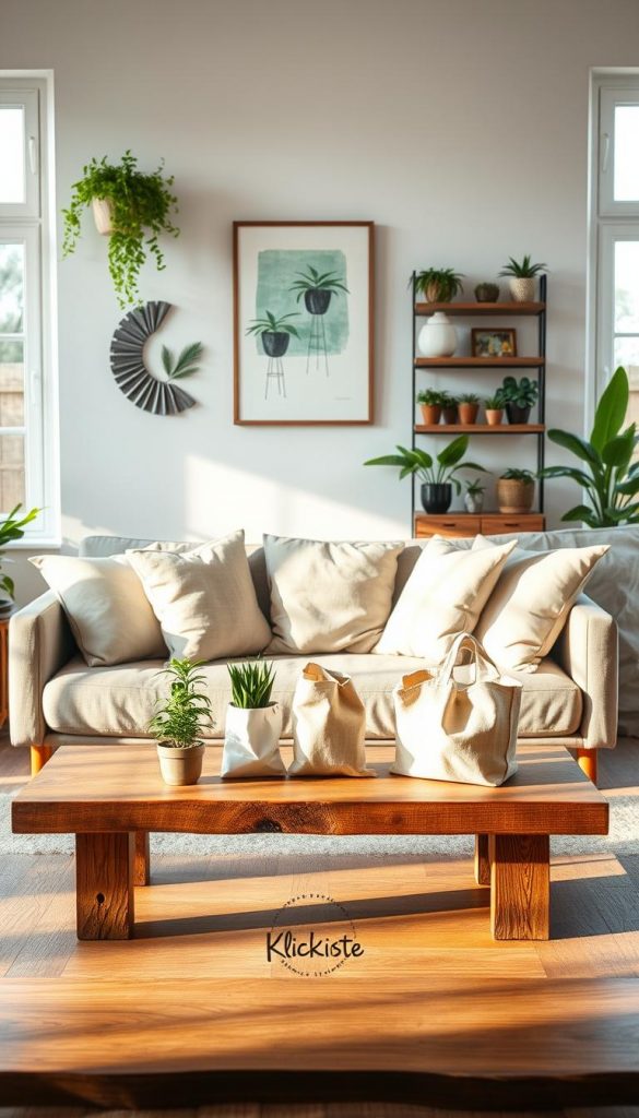 A cozy, minimalist living room scene showcasing sustainable living concepts. In the foreground, a rustic wooden coffee table supports eco-friendly products like reusable bags and plants, with warm lighting casting soft shadows. In the middle, a comfortable, stylish couch adorned with neutral-toned cushions sits against a backdrop of large windows, allowing natural light to flood the space, emphasizing an open and airy feel. The walls are decorated with DIY artwork made from recycled materials, portraying a harmonious blend of green living. In the background, shelves made from reclaimed wood display green plants and sustainable decor items, creating an inviting atmosphere. The image should evoke warmth and simplicity, embodying the theme of budget-conscious, clever, and green living. Include subtle branding for "KlickKiste" as part of the decor elements, ensuring a Pinterest-inspired aesthetic.