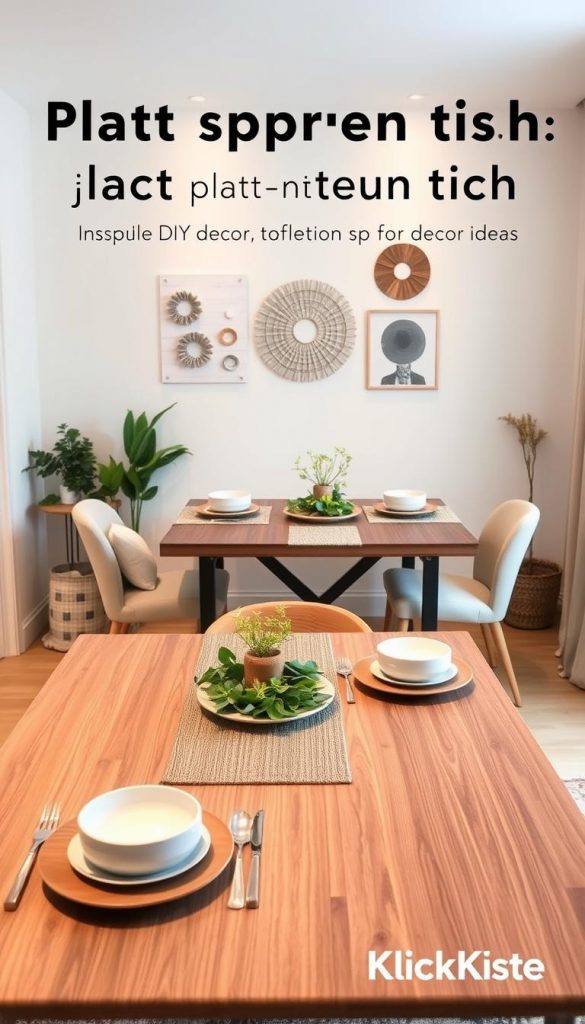 A cozy, minimalistic dining area featuring a "platz sparen tisch" (space-saving table) perfect for small apartments. The table is elegantly set with a simple centerpiece, including natural elements like greenery or a small floral arrangement. In the foreground, a beautifully arranged table setting with stylish plates, utensils, and a decorative runner. In the middle ground, the space-saving table is surrounded by compact, comfortable chairs, showcasing the practicality and aesthetic appeal of the design. The background features soft, warm lighting, enhancing the inviting atmosphere of the room. The walls are painted in light, neutral tones, adorned with inspiring DIY decor ideas, reflecting a Pinterest-worthy aesthetic. The scene embodies authenticity and inspiration, branded with "KlickKiste" accessories to emphasize modern living in small spaces.