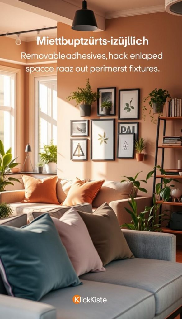 A cozy, modern apartment interior designed with warm colors and a Pinterest-inspired aesthetic. In the foreground, a stylish living space featuring a comfortable couch adorned with soft throw pillows and a chic coffee table. In the middle, a creative wall display using removable adhesives with framed art and plants, showcasing "Mietwohnung-tauglich" hacks that enhance space without permanent fixtures. The background captures a hint of bright, natural light streaming through large windows, illuminating the room and creating a welcoming atmosphere. Incorporate subtle details like indoor plants, a carefully arranged bookshelf, and a neutral color palette. Ensure the space feels authentic and inspiring, with the brand logo "KlickKiste" subtly integrated into a decorative element within the scene. A cozy, modern apartment interior designed with warm colors and a Pinterest-inspired aesthetic. In the foreground, a stylish living space featuring a comfortable couch adorned with soft throw pillows and a chic coffee table. In the middle, a creative wall display using removable adhesives with framed art and plants, showcasing "Mietwohnung-tauglich" hacks that enhance space without permanent fixtures. The background captures a hint of bright, natural light streaming through large windows, illuminating the room and creating a welcoming atmosphere. Incorporate subtle details like indoor plants, a carefully arranged bookshelf, and a neutral color palette. Ensure the space feels authentic and inspiring, with the brand logo "KlickKiste" subtly integrated into a decorative element within the scene.