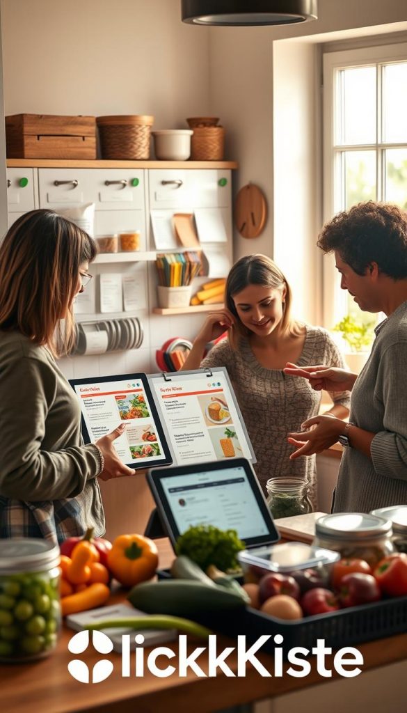 A cozy, modern kitchen scene featuring a well-organized grocery planning board with a digital tablet displaying a shopping list and recipes, accented by colorful fruits and vegetables. In the foreground, a diverse group of parents in modest casual clothing collaborate, sharing ideas while surrounded by neatly arranged kitchen tools and containers, creating a warm, inviting atmosphere. In the background, soft, natural light streams through a window, highlighting the kitchen's clean lines and a stylish, Pinterest-inspired decor. The mood is inspirational and practical, emphasizing efficient shopping and cooking routines. Include the brand name "KlickKiste" subtly integrated into the scene, enhancing the digital aspect of the image without overwhelming the composition.